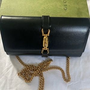 Gucci Black Leather Crossbody with Gold Hardware and Chain Jackie style.